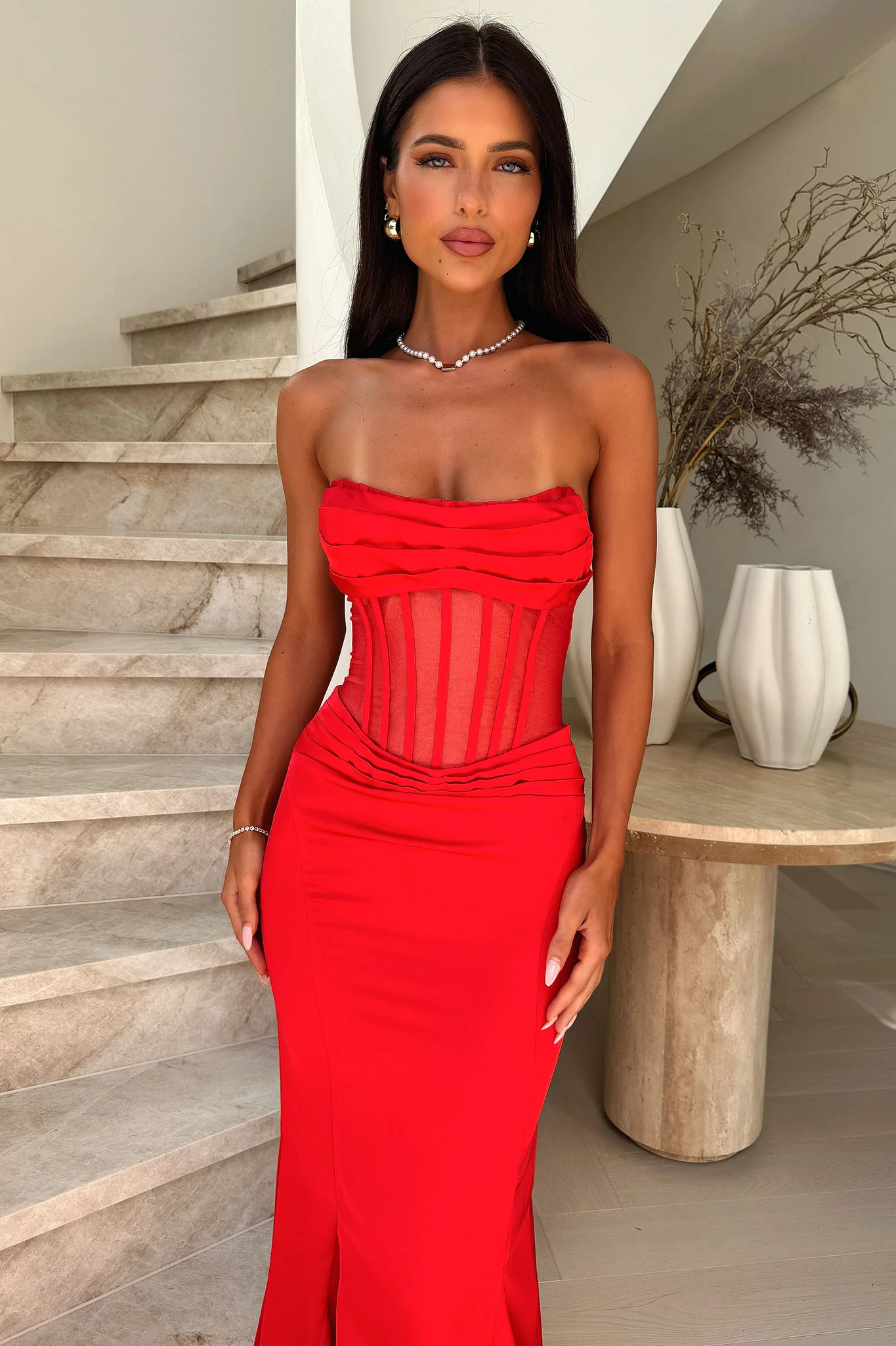 Aderyn Satin Corset Maxi Dress - Red