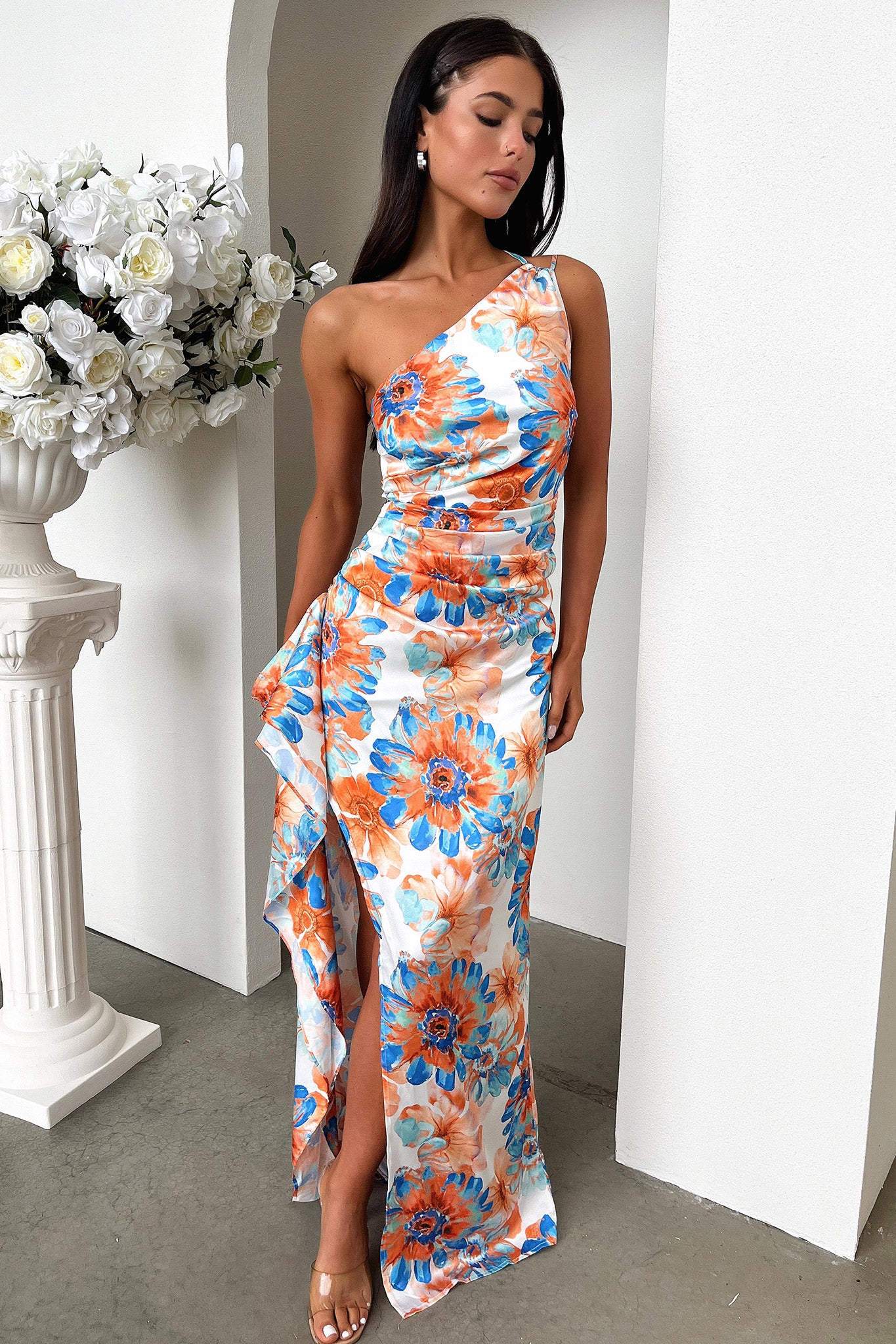 Elianna One Shoulder Satin Maxi Dress - Blue Floral