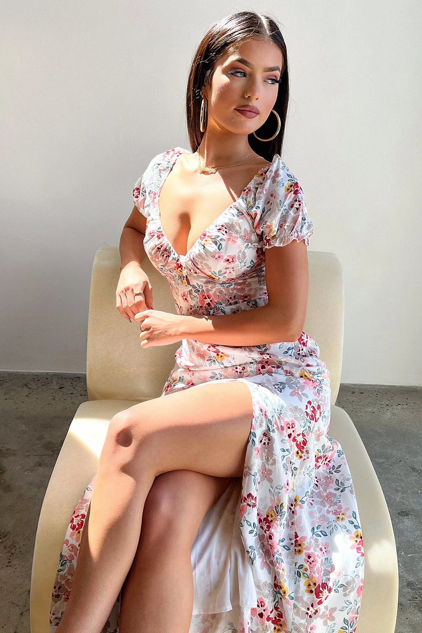 Solem Midi Dress - White / Pink Floral