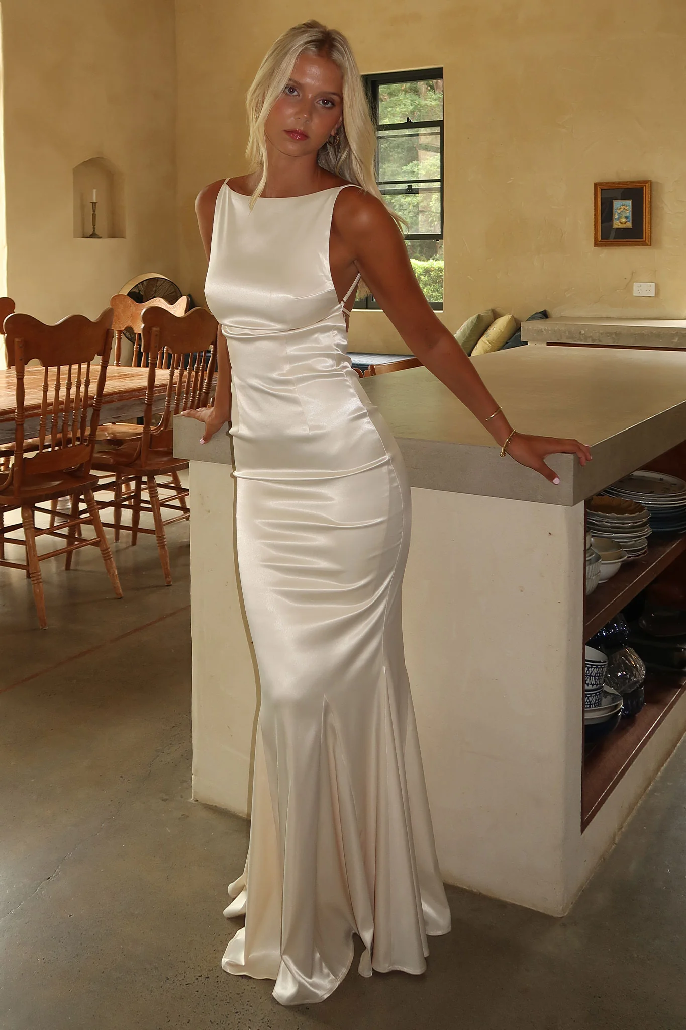 Margot High-Neck Satin Maxi Dress - Yellow