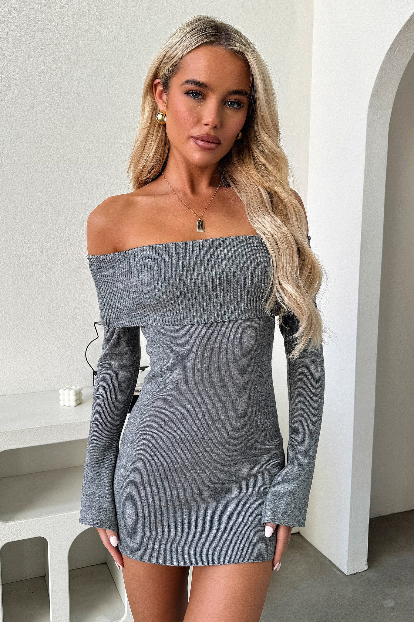 Aaliyah Off Shoulder Knit Mini Dress - Grey