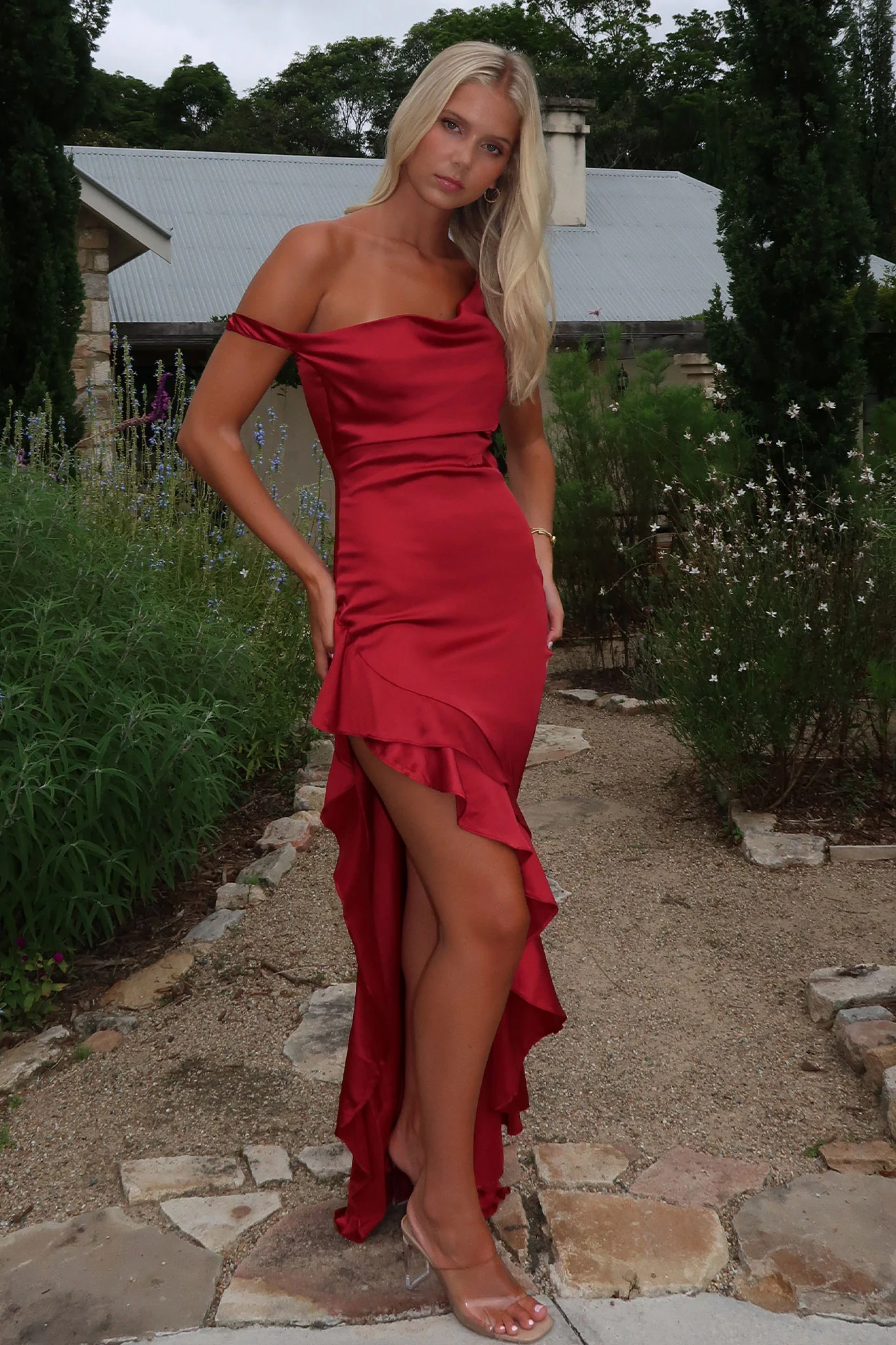 Daenerys Off Shoulder Satin Maxi Dress - Burgundy